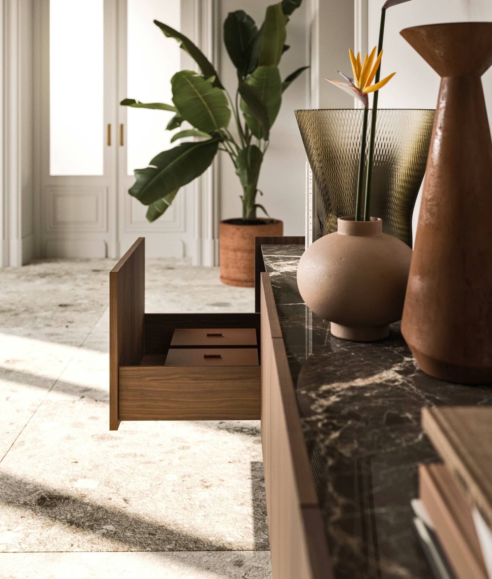Buffet Modula en Noyer Américain avec plan céramique Marbre Marron Rayé