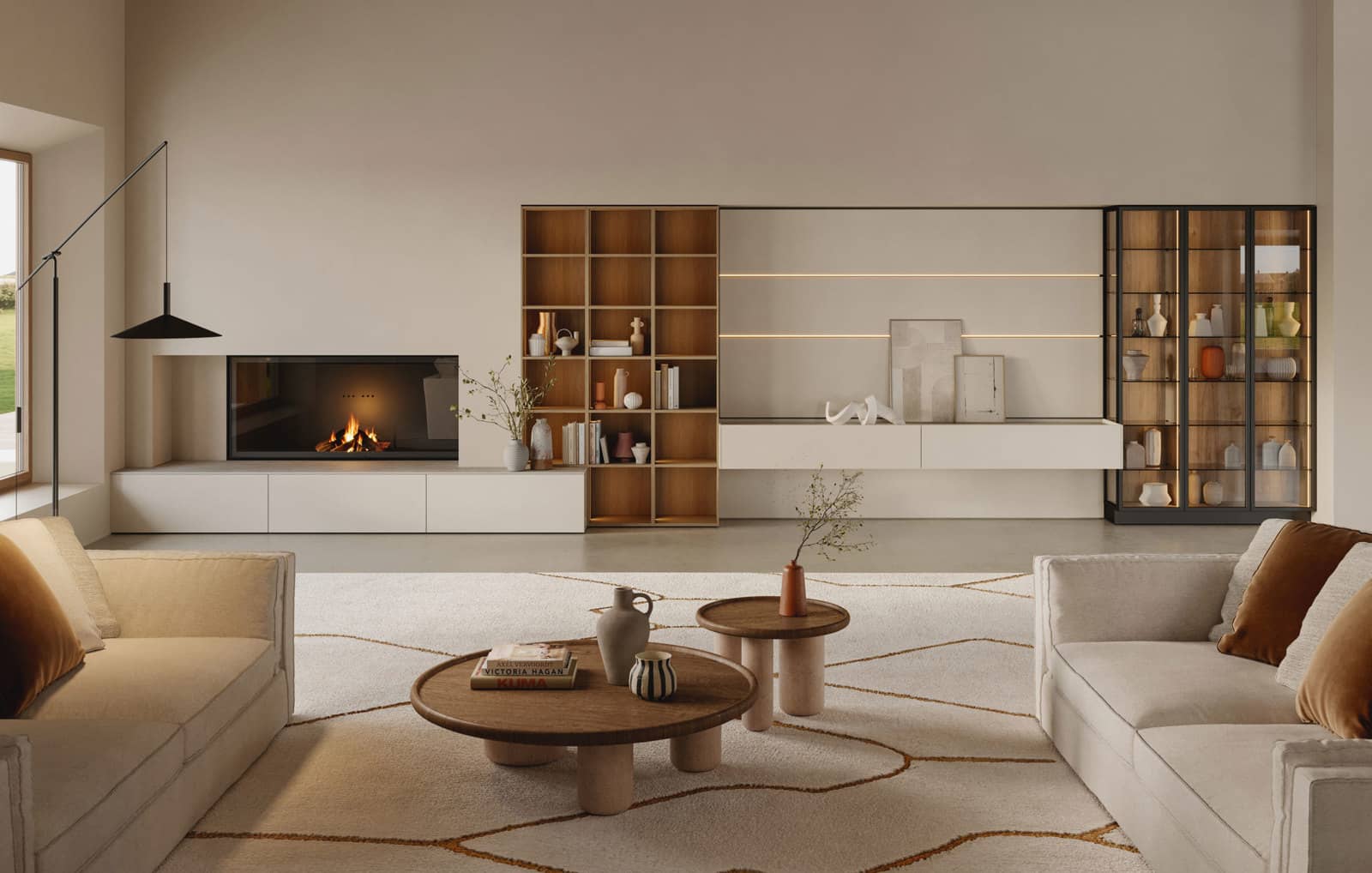 Salon Modula en tech natural Magnolia avec boiseries Segno