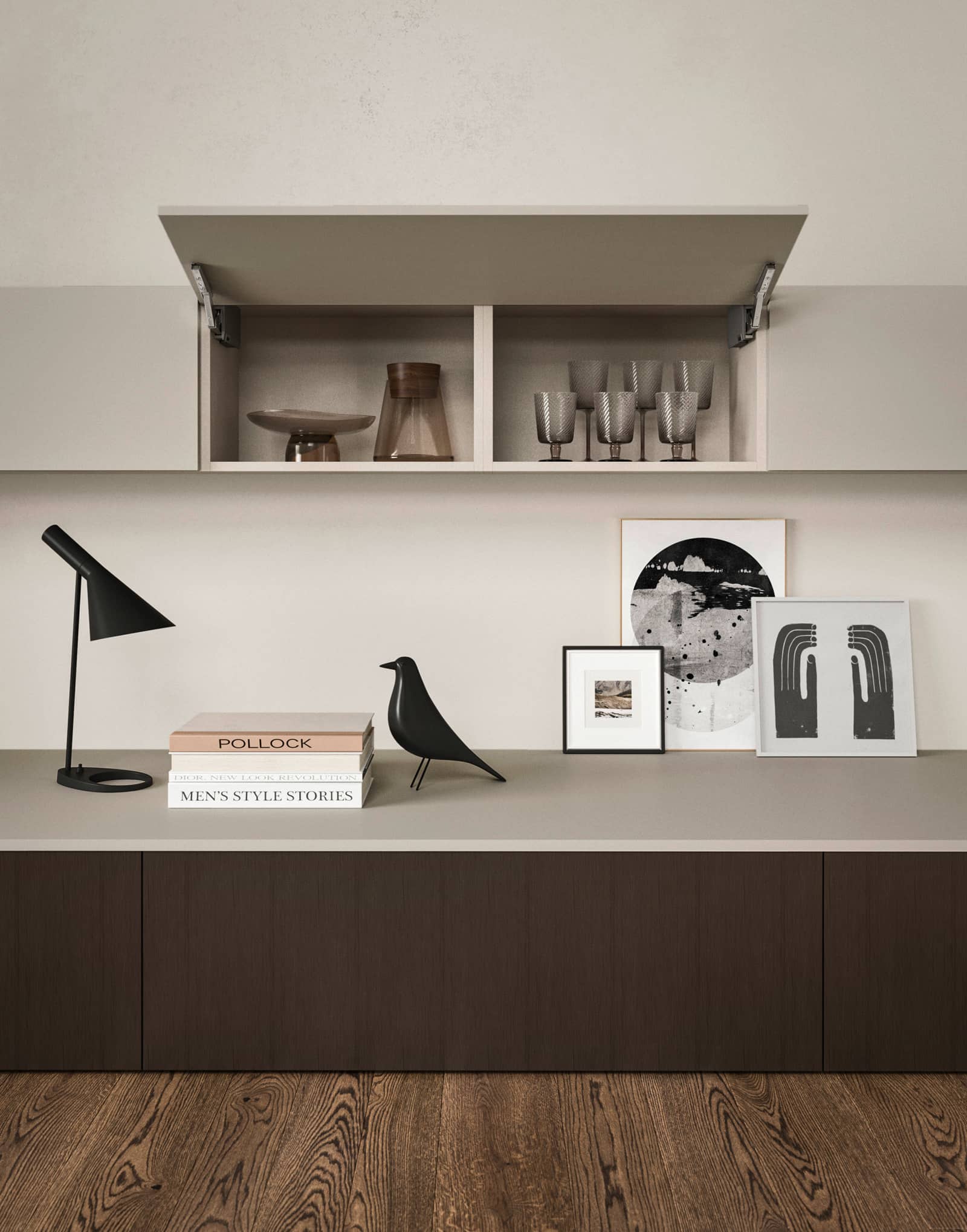 Salon Modula en Bronze Voilé en continuité avec la cuisine Folio