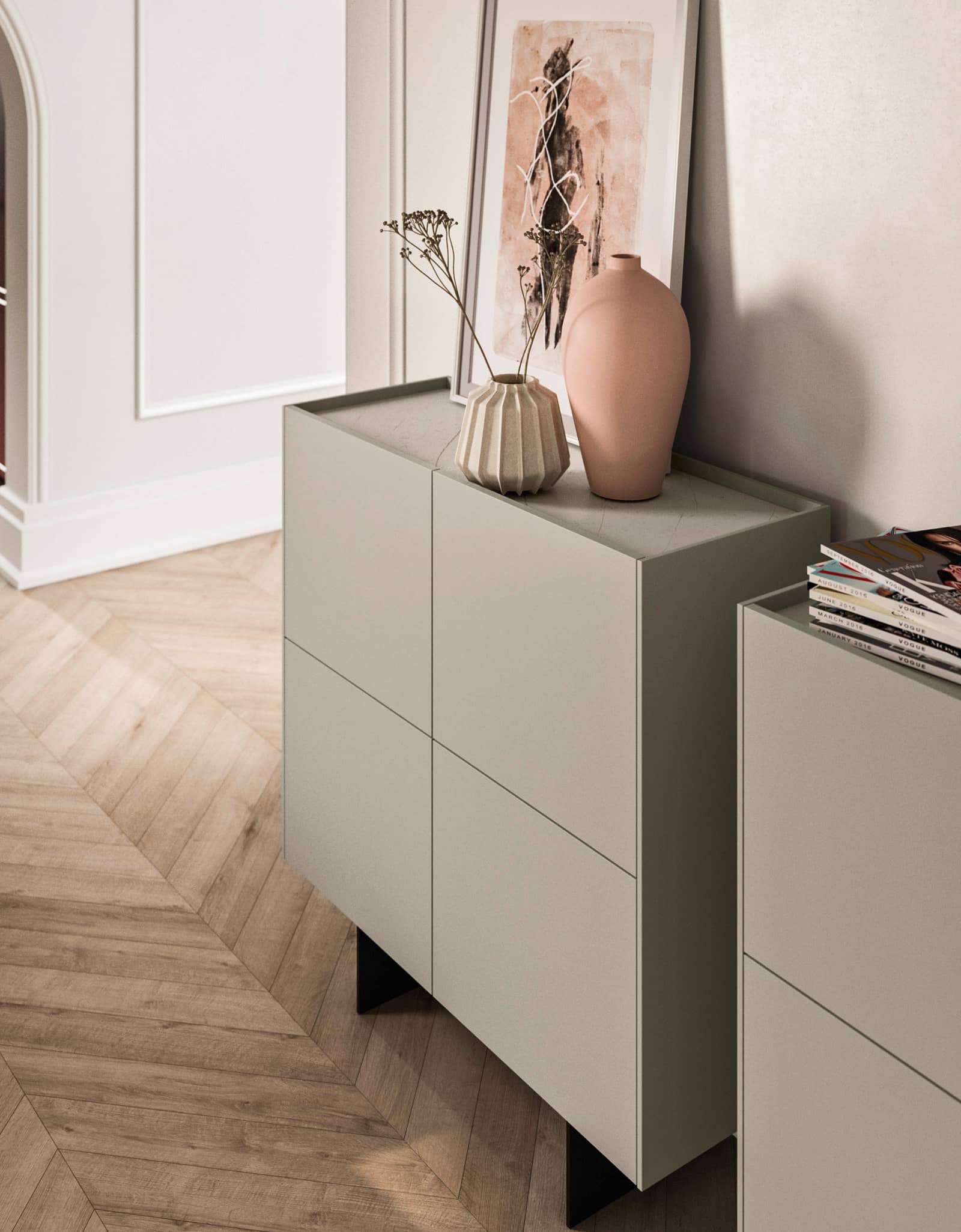 Buffets Modula en laqué mat Gris Carso côté living