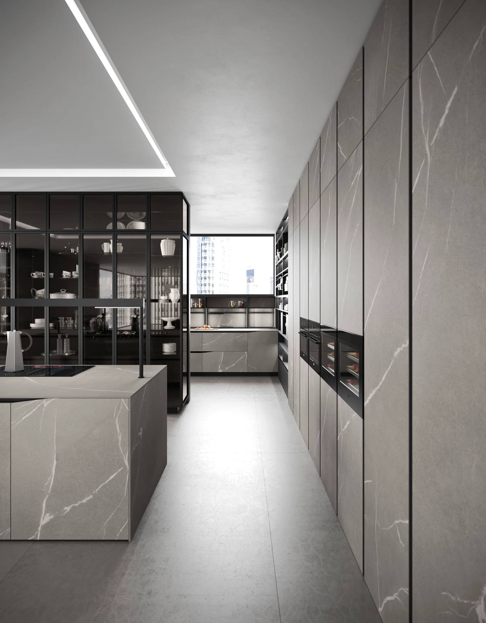 Porte Elementi en céramique Pierre Piasentina sur cadre aluminium gris fonte
