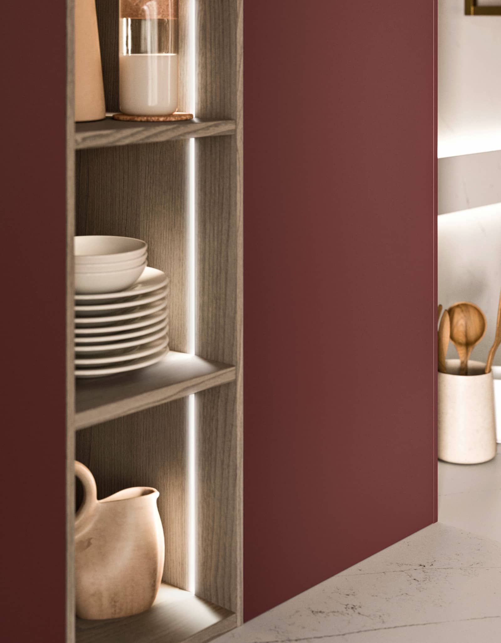 Meubles hauts Rouge Cinqueterre et modules Vista en Eucalyptus Oxydé