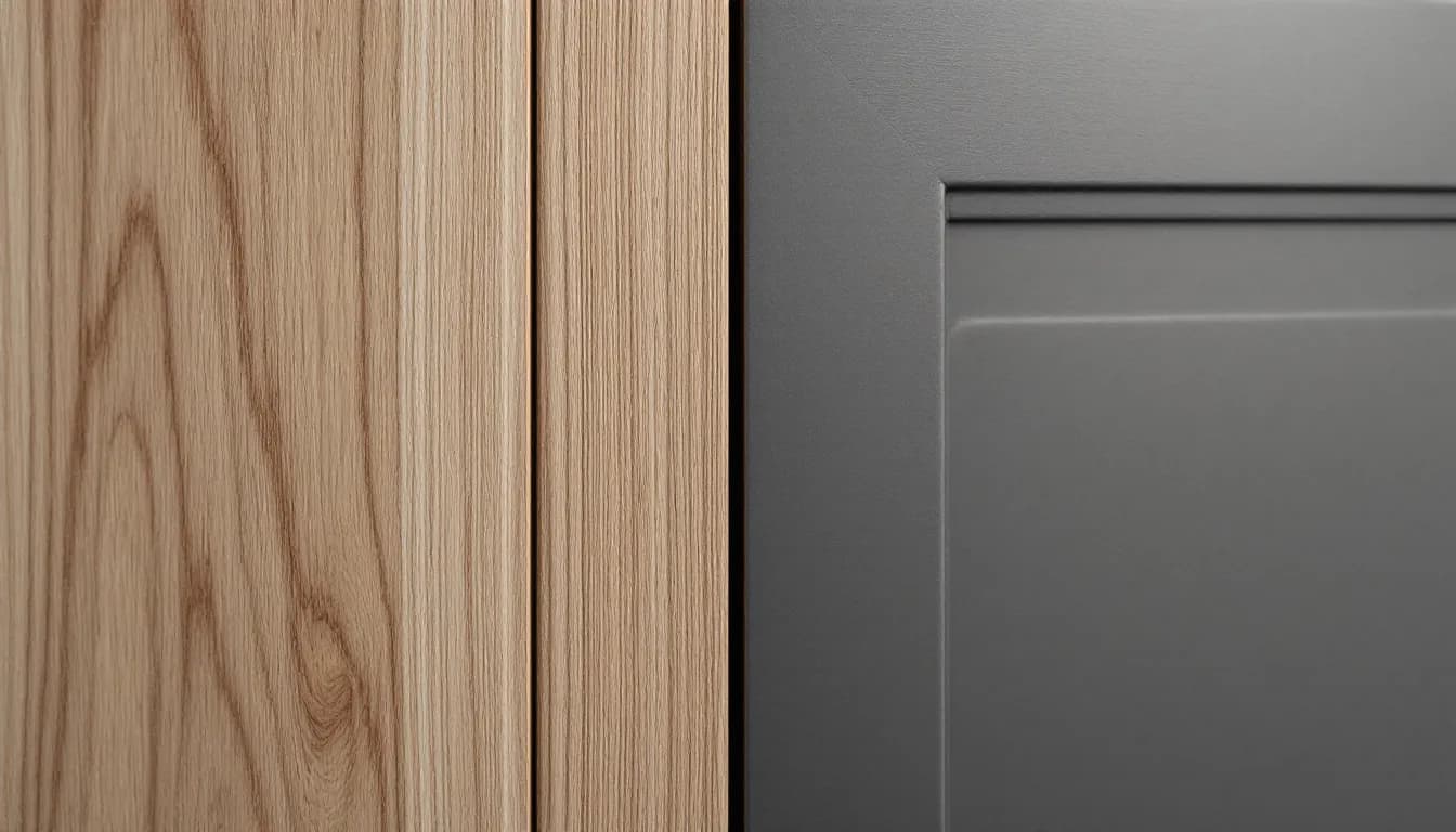 Stalen van keukenfronten in hout en melamine naast elkaar