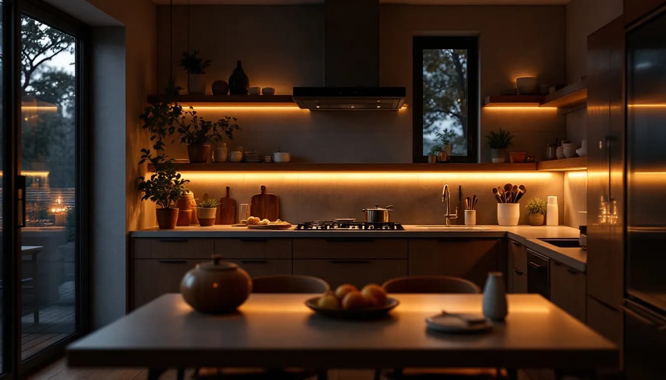 Hedendaagse keuken met gedempte sfeerverlichting