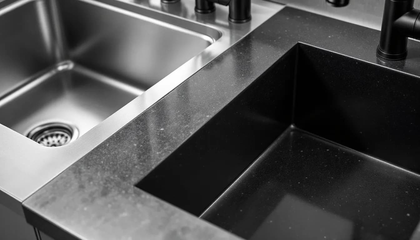 Vergelijking van een spoelbak in geborsteld inox en een spoelbak in graniet