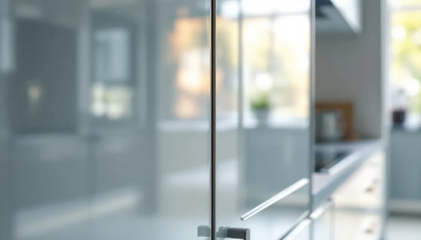 Glazen keukenfronten in gelakt glas die het licht weerkaatsen