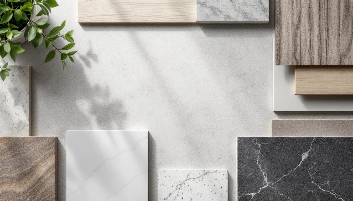 Stalen van keukenmaterialen, steen, hout, kwarts en keramiek