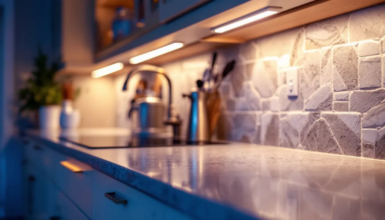 Ledverlichting onder de kast die een stenen werkblad belicht