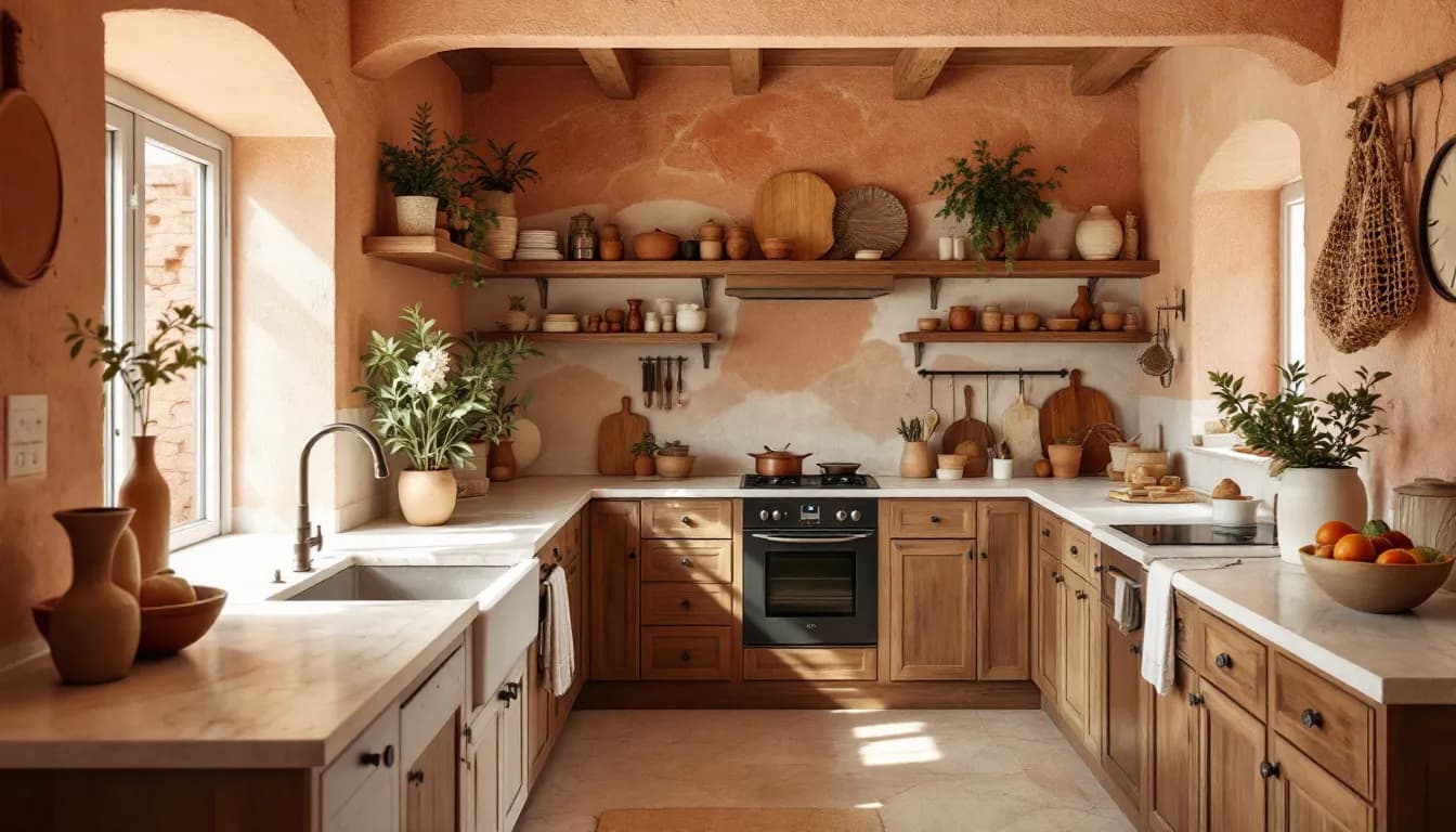Keuken in mediterrane stijl met terracotta- en lichthouttinten