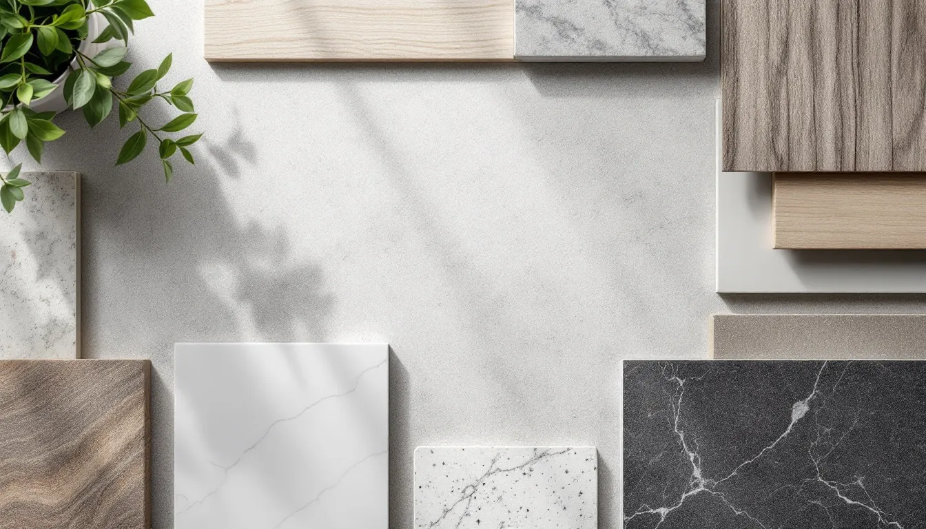 Stalen van keukenmaterialen, steen, hout, kwarts en keramiek