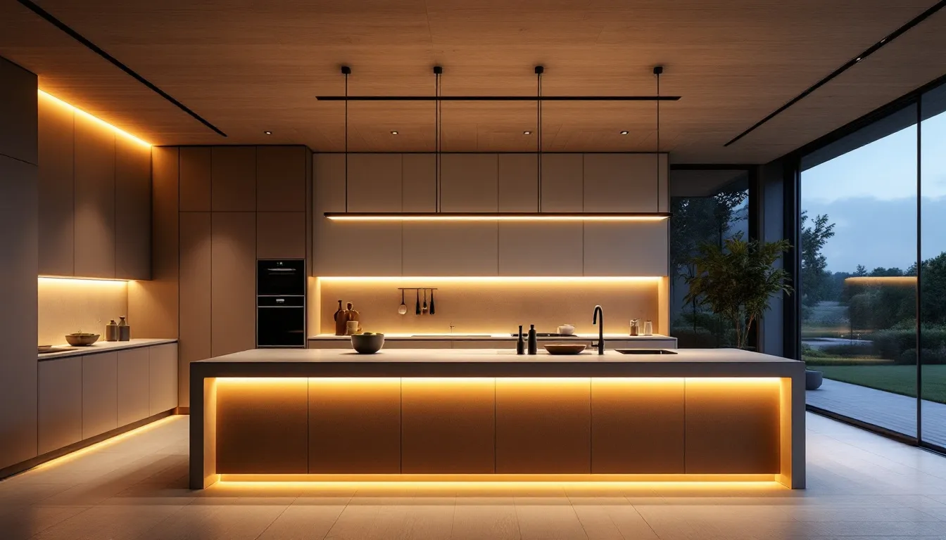 Open keuken met warme verlichting in de avond