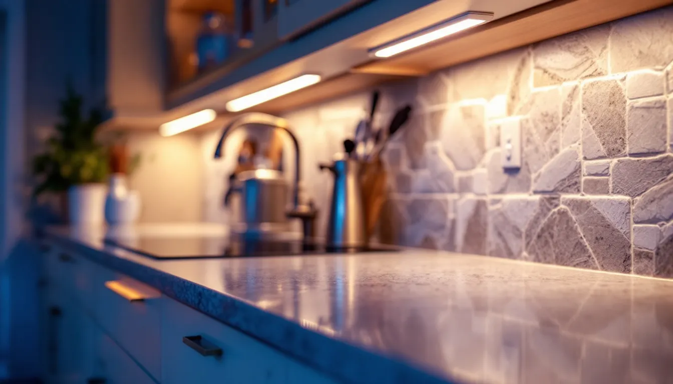 Ledverlichting onder de kast die een stenen werkblad belicht