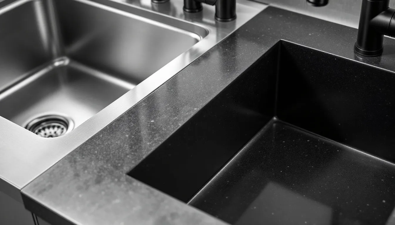 Vergelijking van een spoelbak in geborsteld inox en een spoelbak in graniet