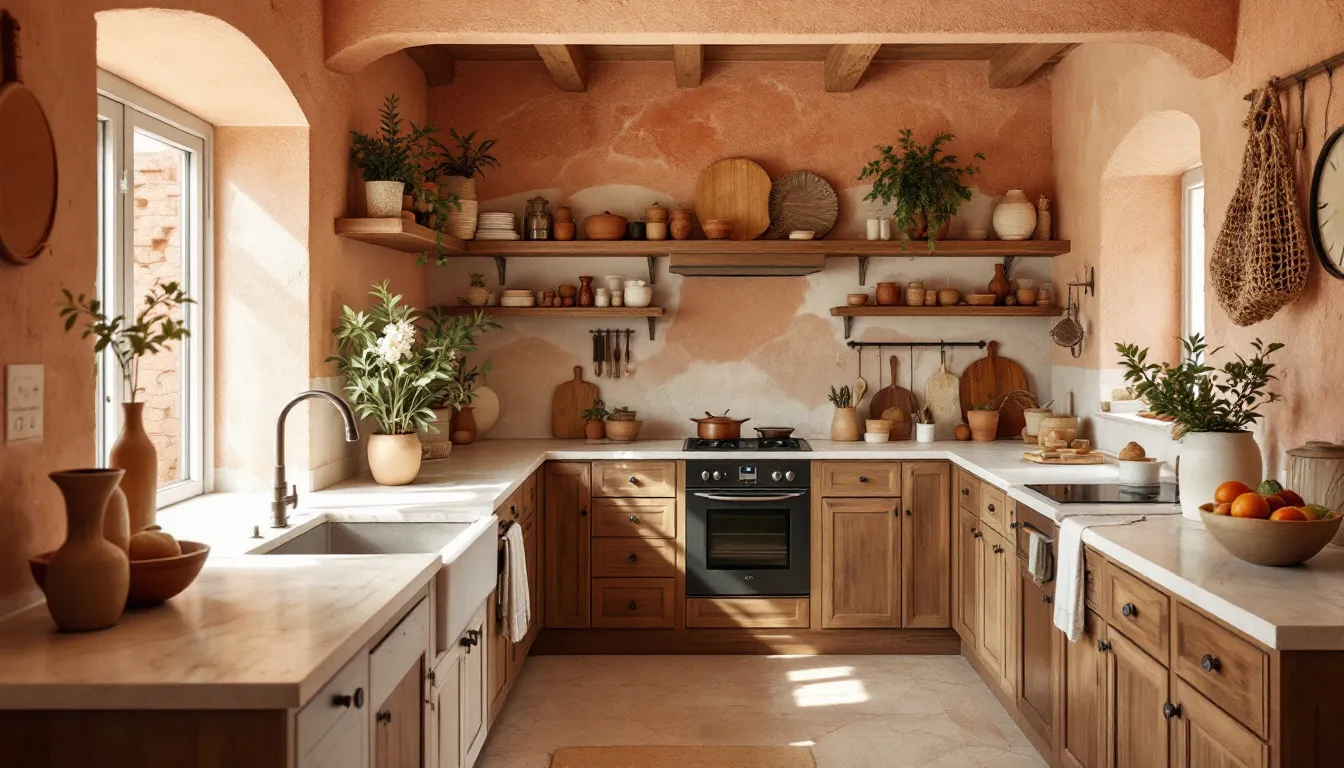 Keuken in mediterrane stijl met terracotta- en lichthouttinten