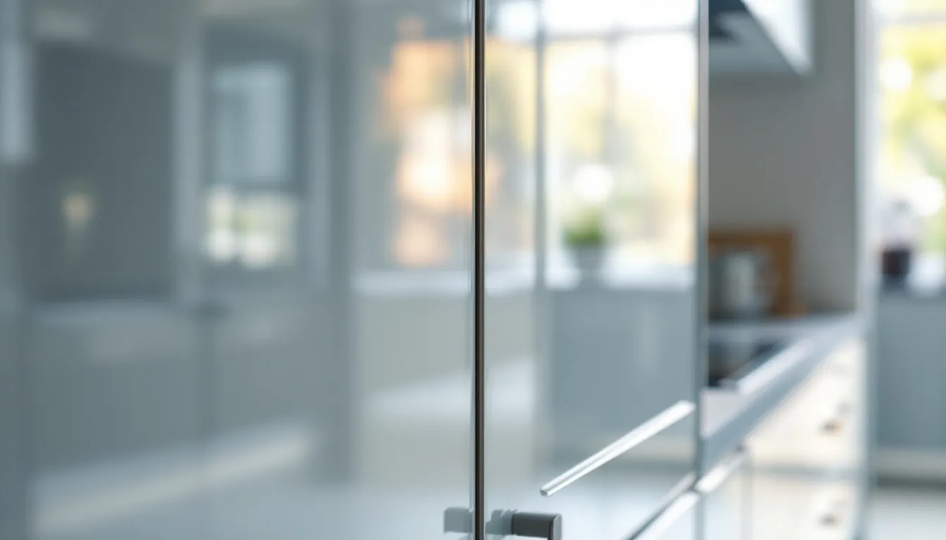 Glazen keukenfronten in gelakt glas die het licht weerkaatsen