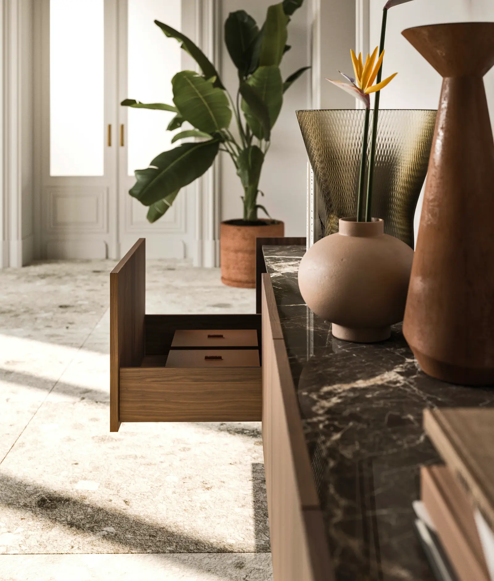 Buffet Modula en Noyer Américain avec plan céramique Marbre Marron Rayé