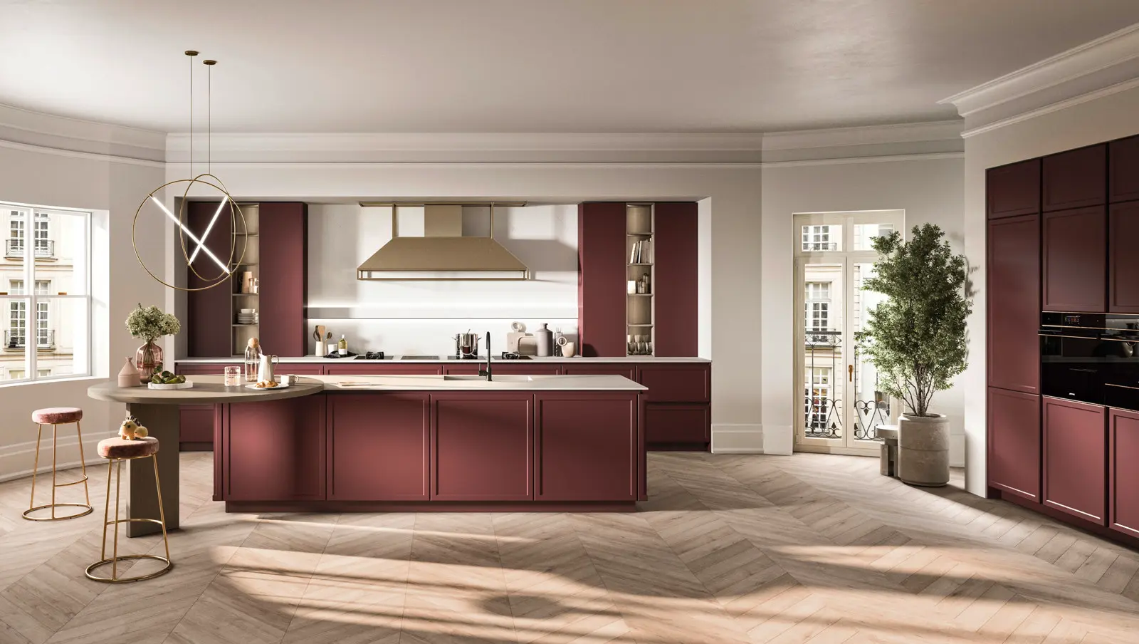 Cuisine Frame avec îlot et table ronde intégrée