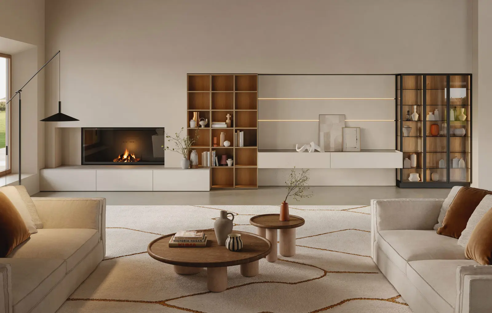 Salon Modula en tech natural Magnolia avec boiseries Segno