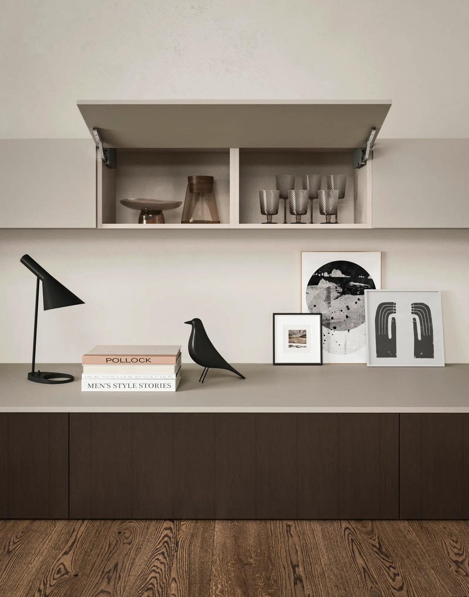 Salon Modula en Bronze Voilé en continuité avec la cuisine Folio