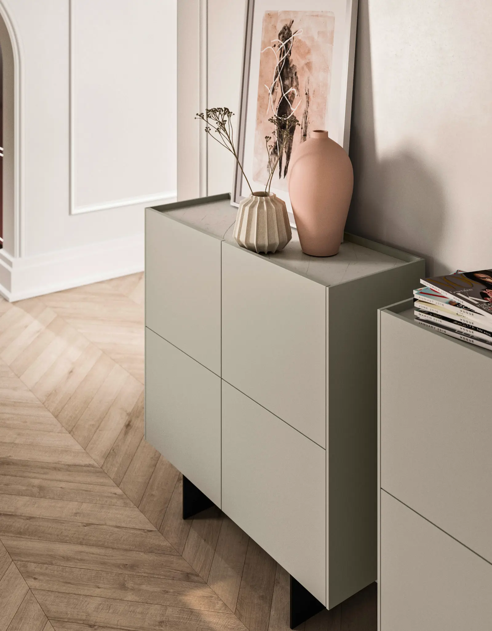 Buffets Modula en laqué mat Gris Carso côté living