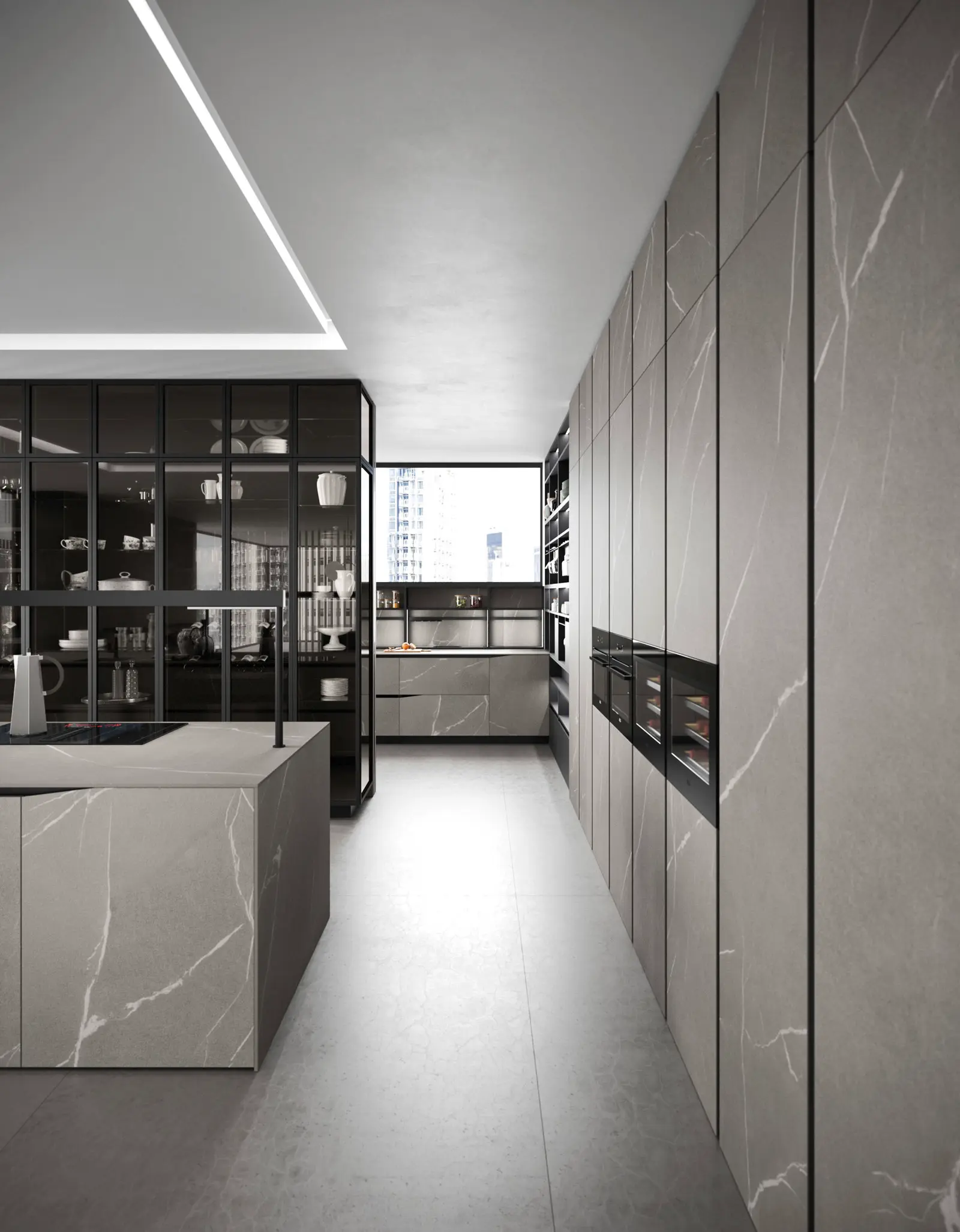 Porte Elementi en céramique Pierre Piasentina sur cadre aluminium gris fonte