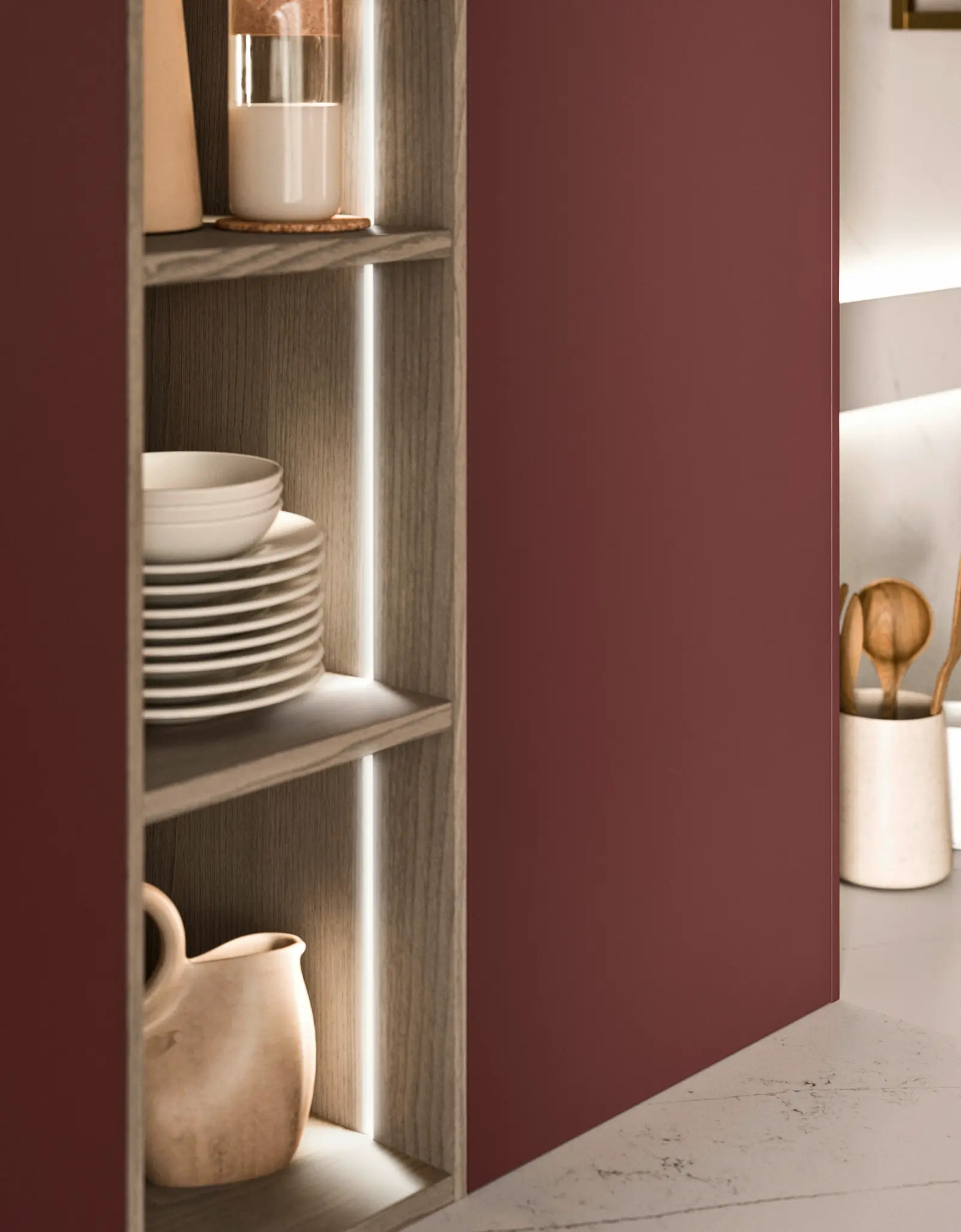 Meubles hauts Rouge Cinqueterre et modules Vista en Eucalyptus Oxydé